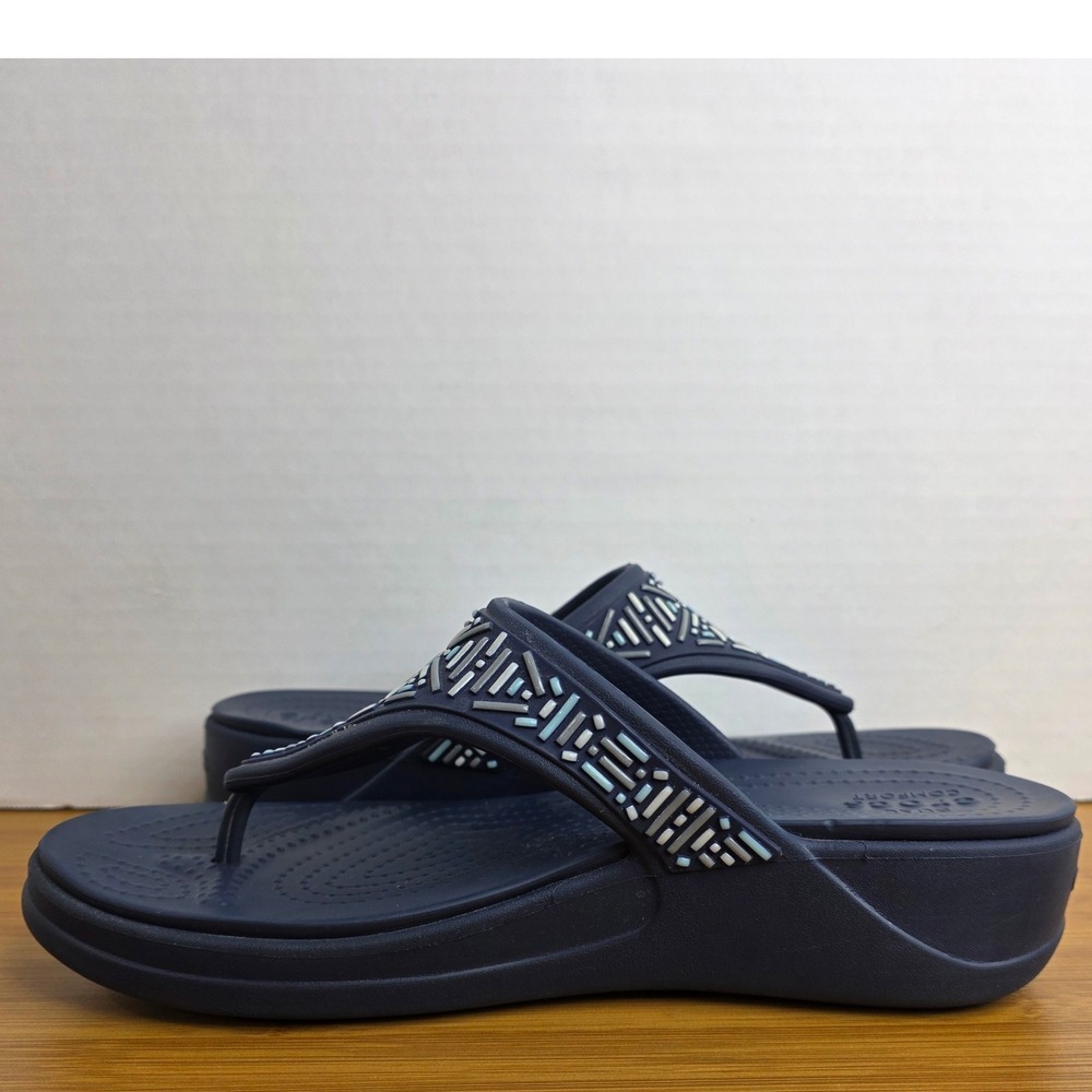 Crocs Monterey Beaded Wedge Flip Flops Navy Blue Women Size 9 Sandals - Picture 4 of 11